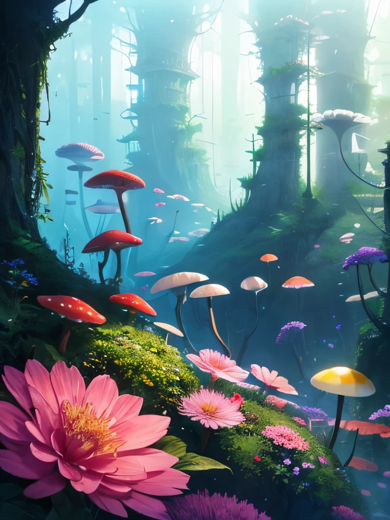 a close up of a painting of a forest with mushrooms, mushroom forest, mushroom city, underwater mushroom forest, highly detailed fantasy art, magical environment, slavic city. big mushrooms, magic mushrooms, by Mike "Beeple" Winkelmann, 🌺 cgsociety, fantasy matte painting，cute, fantasy art landscape, fantasy art behance