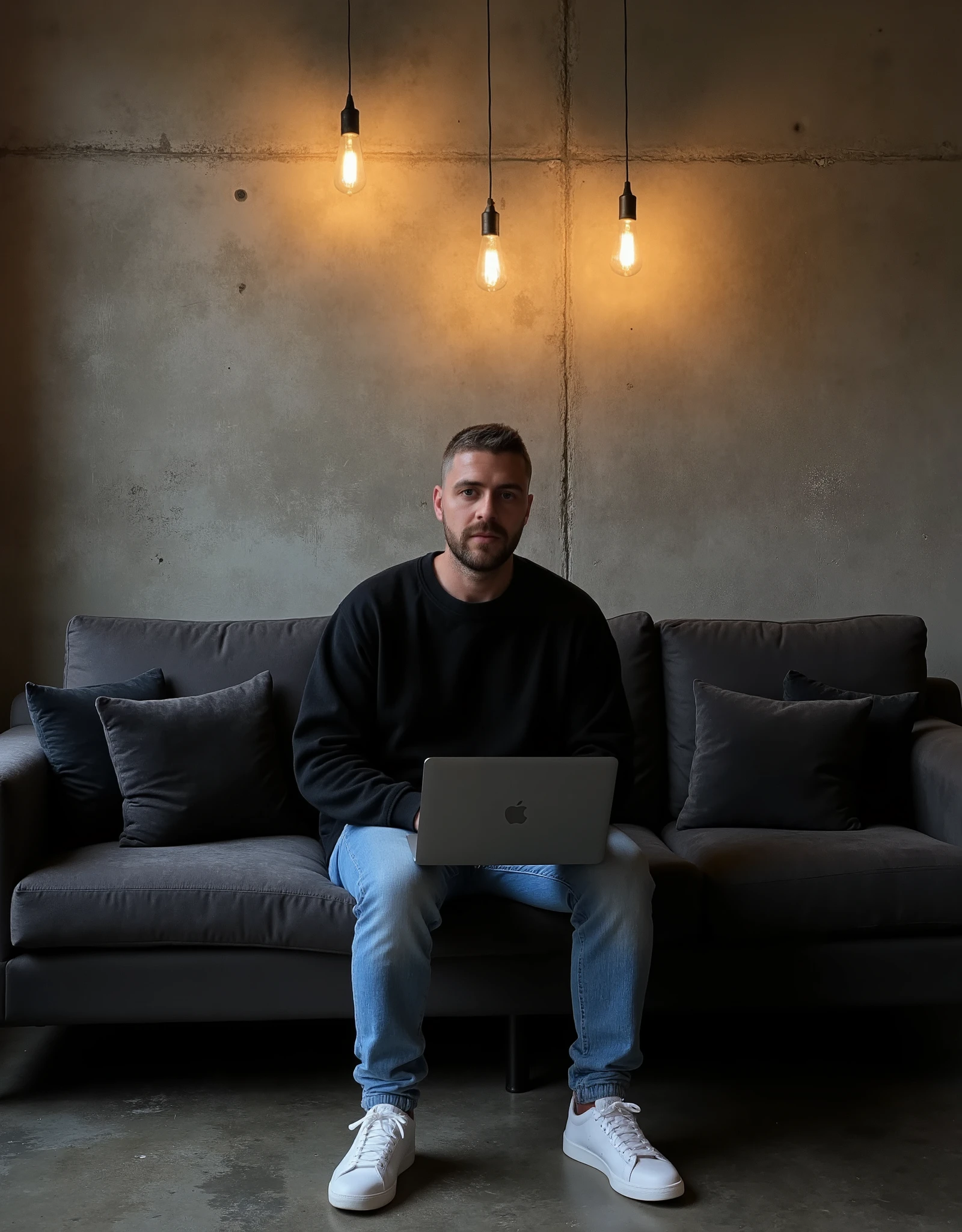 high-resolution photograph of a modern and moody interior setting featuring a man. light skin tone. He has short hair and a neatly trimmed beard and mustache. sitting comfortably on a deep gray couch. He wears an oversized black crewneck sweatshirt and light blue jeans, is focused on his MacBook pro laptop in Space Black color, giving a relaxed and casual posture. He wears clean white sneakers that contrast with the dark couch. The scene is warmly lit by hanging industrial-style pendant lamps. casting soft light and shadows on the textured concrete wall behind him. velvet cushions on the couch add a subtle pop of color, enhancing the cozy and productive atmosphere. The floor is dark concrete , and the space exudes a minimalist, contemporary vibe with an artistic edge. The image composition balances the subject and background, creating a serene and modern mood.