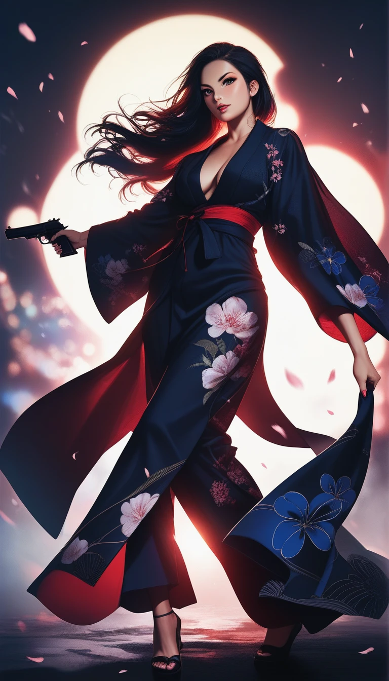 a female secret agent wearing a sexy japanese yukata, black yukata with colorful ornaments,  holding a gun, dynamic action pose, full body shot, movie poster style, beautiful detailed eyes, beautiful detailed lips, extremely detailed face and eyes, long eyelashes, highly detailed, 8k, hyper realistic, cinematic dramatic lighting, dramatic shadows, noir colors, intricate details, moody atmosphere, masterpiece, shadows