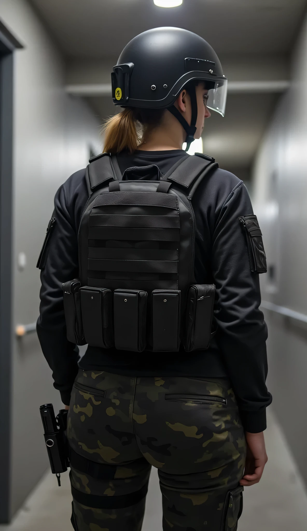 a contractor young girl, Russian facial features, wearing black zentai camouflage, chest rig tactical vest, ballistic helmet with face shield, fully dressed, with a large military backpack, voluptuous body, focusing on her ass, mega exaggeratedly inflated hips, large hips and extra big ass, hips too large and wide, slim waist, behind, very close up, in a bunker,