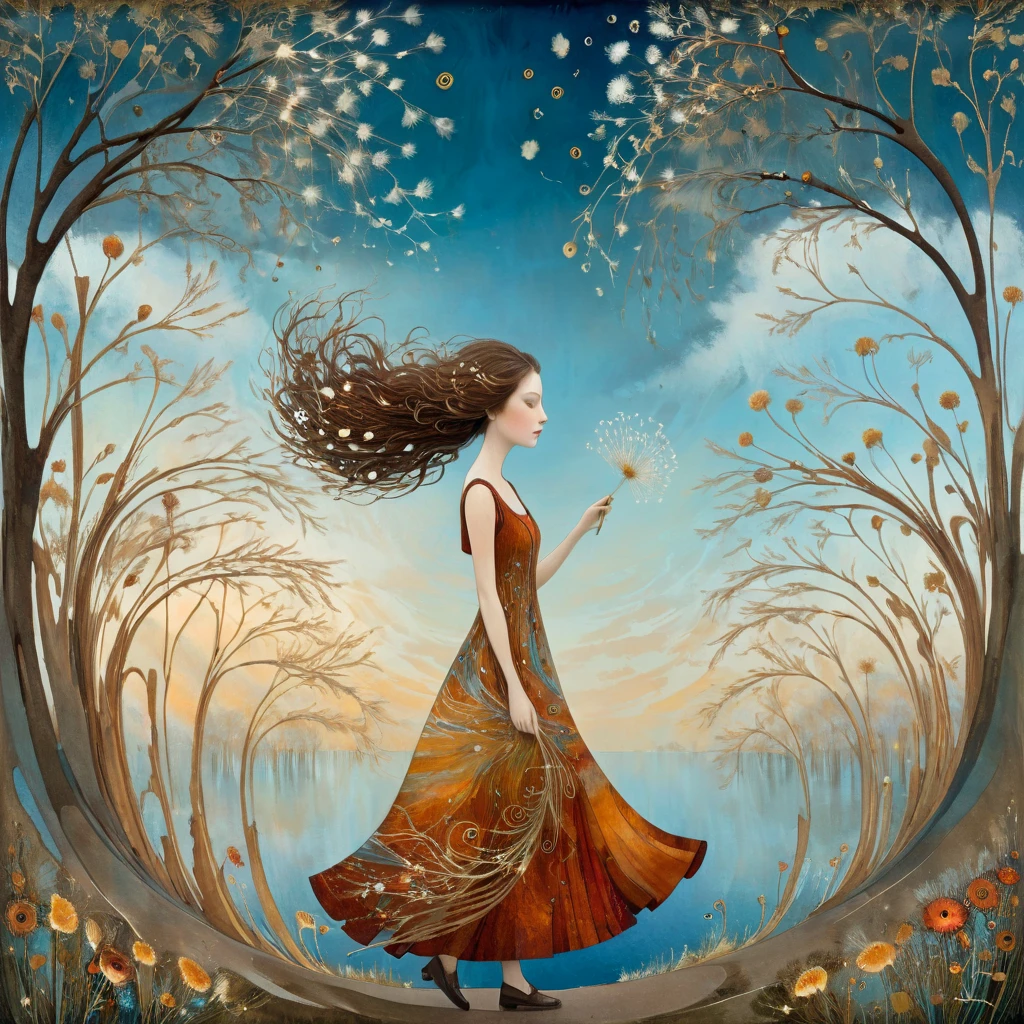 oil and acrylic painting. In the style of Andy Kehoe and Tracy Grimwood, Catrin Welz-Stein, Klimt. Background a tree-lined promenade on the waterfront. wide shot of a young woman, soft, sky-blue eyes, with light brown hair, walks by and lets the wind tousle her hair. Twisted trees, branches are transparent blown glass expanding skyward in ellipses. Dandelion blossoms, poppies, pampas grass, cherry blossoms, dried flowers bloom. Disc-shaped polychrome sun buds with marbled spirals, sunbeams like strands of coral, vitrified ambers. Warm colors, ochre yellows, browns, shades of blue, reds.
