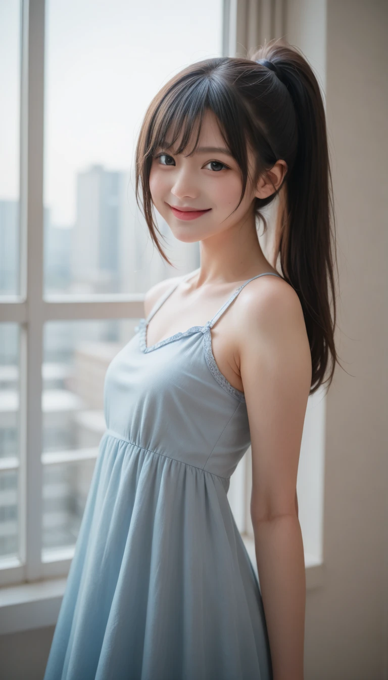 ((sfw: 1.4)), detailed face, cute face,brown eye,master piece , best quality , highly detailed , dresses , (matured female) , lie down , arm up , armpit , from above , japanese , smile , bed room