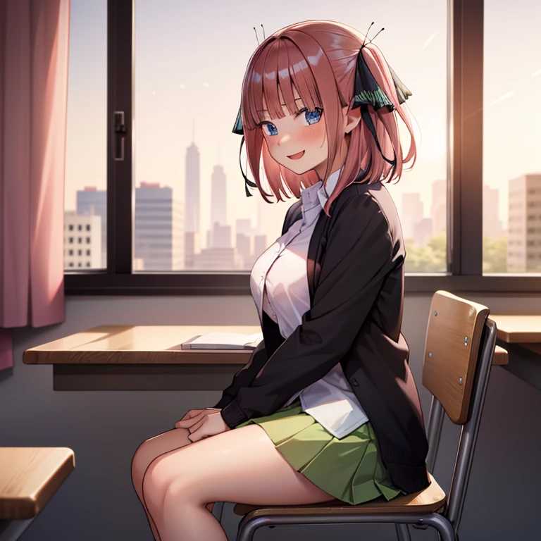 ((hdr, highest resolution, best quality, beautiful, raw image)), classroom, ((blurry background)), daytime, (((ungboy black hair, white shirt))), (((1girl ,pink hair))), butterfly hair ornament, (school uniform ,black cardigan ,collared shirt ,green skirt, blazer), (blushing:1.2), (((evil smile))), open mouth, , (slender), (( large breasts)), ((purple underwear)), looking at viewer, sit chair ,from side