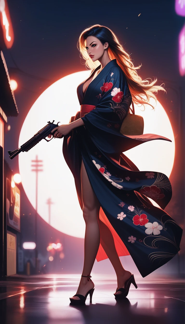 a female secret agent wearing a sexy japanese yukata, black yukata with colorful ornaments,  holding a gun, dynamic action pose, full body shot, movie poster style, beautiful detailed eyes, beautiful detailed lips, extremely detailed face and eyes, long eyelashes, highly detailed, 8k, hyper realistic, cinematic dramatic lighting, dramatic shadows, noir colors, intricate details, moody atmosphere, masterpiece, shadows