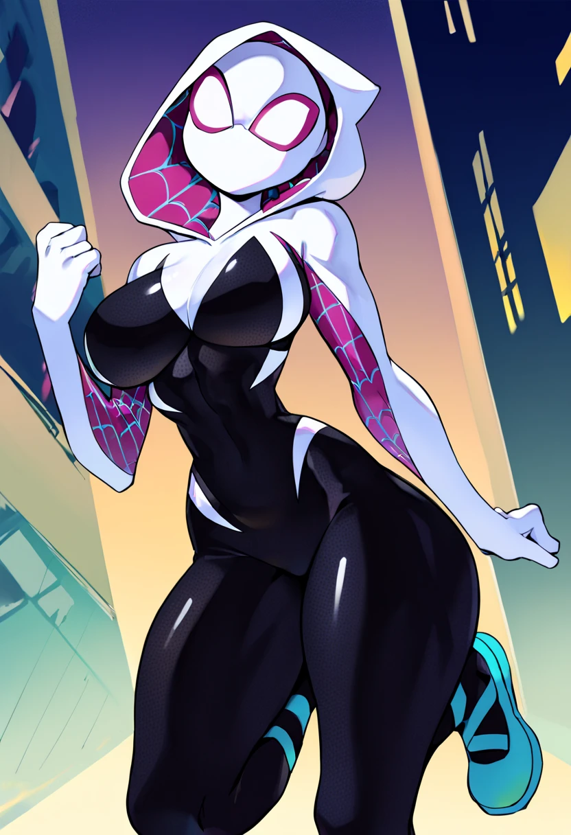 (8k, best quality), (((best quality))), MylesPrower, Miles Prower, 1girl, white skin, cowboy shot, full body from thighs up, female humanoid character, Spider-Gwen inspired, toned and athletic body, pale skin, long and sleek limbs, glowing blue eyes, thick thighs, wide hips, well-endowed, slim waist, wearing the Spider-Gwen suit, white and pink hooded bodysuit, black and white accents, dynamic pose, open mouth, looking at viewer, elegant and acrobatic posture, tight fitting suit, mask with big white eyes, city skyline background, dynamic lighting, volumetric lighting, soft shadows, mysterious vibe, action-ready, outdoors, sharp focus, cool pose, score_9, score_8_up, score_7_up, score_6_up, score_5_up, score_4_up, (source_anime), superhero stance, urban setting, spider-webs in background, vibrant color highlights.
