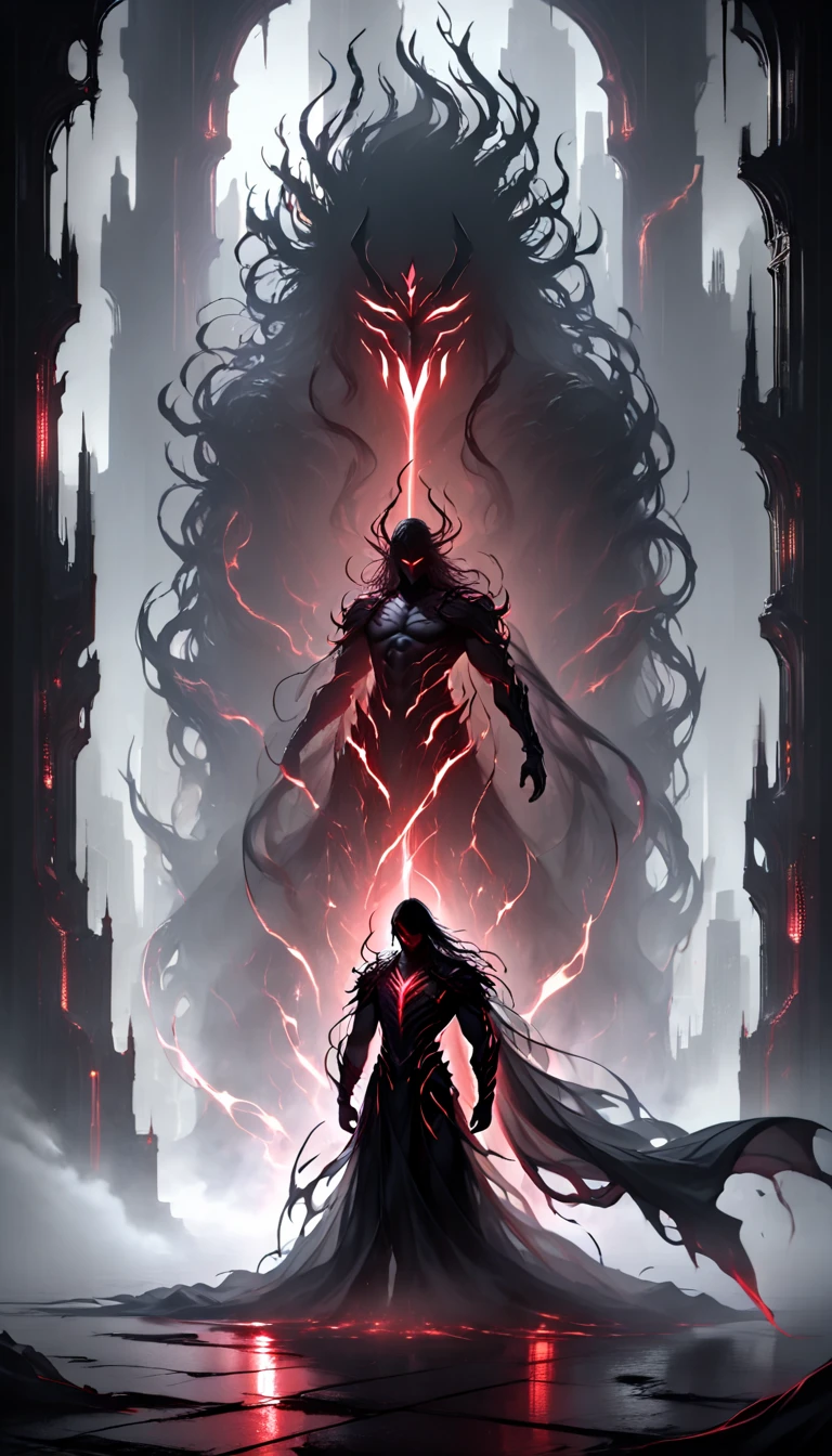 "A robust, shadowy human warrior with a muscular, yet ethereal form, his physique blending into the surrounding darkness like a figure forged from shadows. His long, dark hair flows like liquid night, cascading around his broad shoulders, while his glowing red eyes pierce through the gloom with an intense, burning ferocity. His futuristic armor is sleek and angular, a dark, matte black material with glowing red accents that pulse with eerie energy. The armor’s design is sharp and high-tech, adorned with intricate cybernetic details that seem to shimmer and shift, like shadows in motion. In each hand, he wields twin daggers, their black blades faintly glowing with red energy, radiating an ominous power. The background is a dark, dystopian cityscape, where neon lights flicker and cast an eerie glow, but the warrior himself seems to be one with the shadows, his form barely distinguishable from the darkness. His stance is firm and ready, exuding a presence of deadly grace and unstoppable power, as though he is both part of the void and a force that controls it."