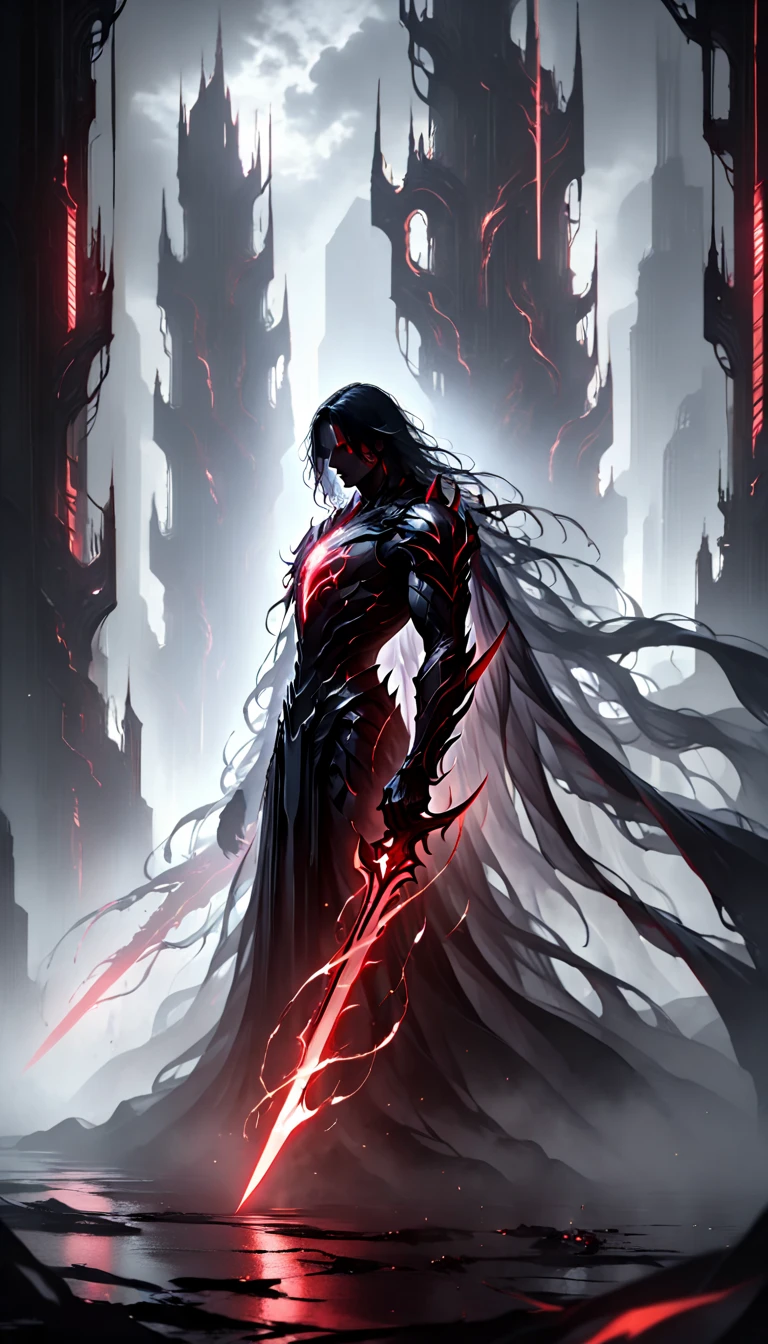 "A robust, shadowy human warrior with a muscular, yet ethereal form, his physique blending into the surrounding darkness like a figure forged from shadows. His long, dark hair flows like liquid night, cascading around his broad shoulders, while his glowing red eyes pierce through the gloom with an intense, burning ferocity. His futuristic armor is sleek and angular, a dark, matte black material with glowing red accents that pulse with eerie energy. The armor’s design is sharp and high-tech, adorned with intricate cybernetic details that seem to shimmer and shift, like shadows in motion. In each hand, he wields twin daggers, their black blades faintly glowing with red energy, radiating an ominous power. The background is a dark, dystopian cityscape, where neon lights flicker and cast an eerie glow, but the warrior himself seems to be one with the shadows, his form barely distinguishable from the darkness. His stance is firm and ready, exuding a presence of deadly grace and unstoppable power, as though he is both part of the void and a force that controls it."