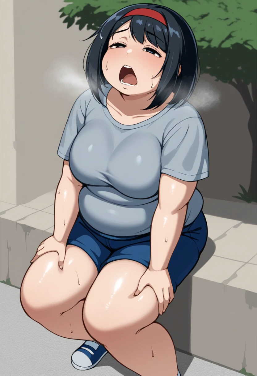 KPYoriGirl, score_9, 1girl, solo, outdoors, in school, oversized gray tshirt, blue shorts, bending ovet pose, tired, half body, sweaty, out of breath, dripping sweat, wet with sweat, open mouth, hands on knees, chubby, slightly obese