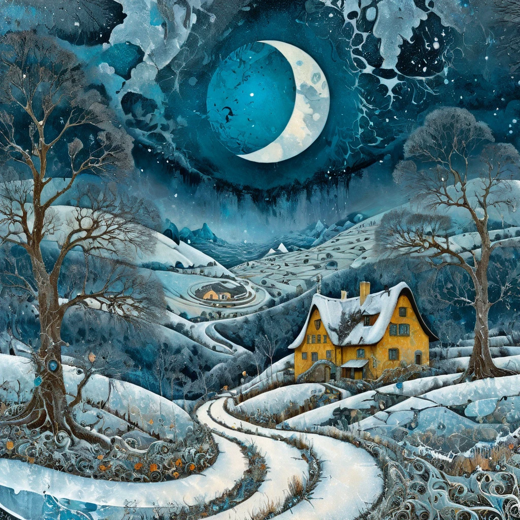  Complex textured Hieronymus Bosch, William Turner, Catrin Welz-Stein, Zdzisław Beksiński, Jacek Yerka oil on canvas zentangle line art style mix: surreal frosted fantasyland winter mountainscape, hoarfrost on impressive old trees, high grasses and withered flowers around thatched brick cottages, winding path, large moon rising behind distant mountains, blizzard; paint splatter, dramatic storm clouds, snowfall, sk, saturated vibrant colors.