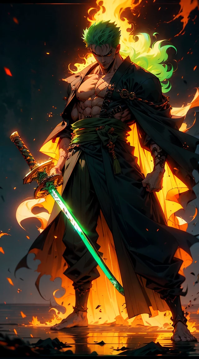 A hyper-detailed, full-body anime-style depiction of Roronoa Zoro from *One Piece*. Zoro is standing confidently, facing the viewer with a fierce expression. His green hair is slightly messy, framing his scarred face, including the iconic vertical cut over his left eye. Dressed in a dark green kimono tied with a yellow obi, his muscular build is emphasized. He bites the hilt of a katana angled to the right, with two other swords sheathed at his waist. Vibrant green and black energy auras surround him, creating a dynamic, otherworldly atmosphere against a tranquil Japanese landscape.