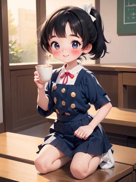 (do),  fisheye lens, 美しい1 personの若い小さな少女，1 person，Chibi，Very small build :1.3， small breasts,  thin thighs ，(Kneel before the table ), ( feet ), (Put it in a cup:1.3), Convenience store cup, ( classic puff sleeve ruffle blouse), ( dark blue miniskirt ,), (Navy blue maid apron), ( button down shirt), {{Name tag}}，(Gap between ribbon buttons on neck)+ 非常に thin thighs :1.3， loafers,  turn your arms around your back , (視聴者を表示do:1.5), ( Embarrassing :1.3), ( is a smiling face ), (vapor:1.4), ( girl trembling due to sexual climax :1.3),  medium hair,  black hair， Short Haired Ponytail， Glowing Skin, ( coffee shop), (Coffee Server)， window, dusk， Beautiful Sunsets ，(crowd:1.3), (masterpiece,  top quality ,  high definition :1.3),  perfect anatomy，A clever gesture，