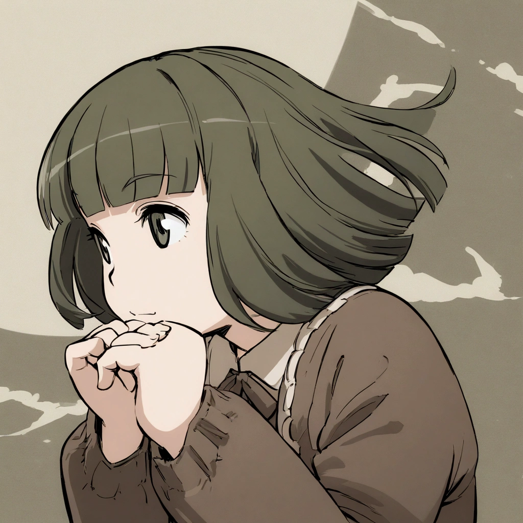 manga style, cute girl, bob hair, blunt bangs, scornfu eyes, chin resting on hands, wind, dull color image, ultra detailed, absolutely resolution, masterpiece