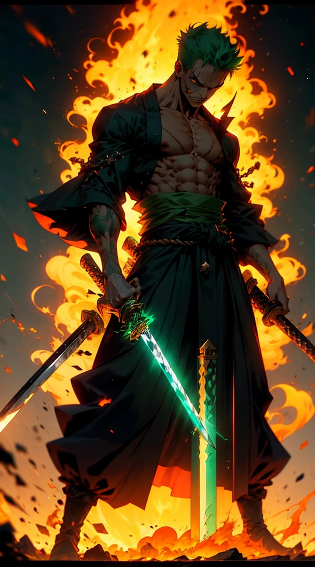 A hyper-detailed, full-body anime-style depiction of Roronoa Zoro from *One Piece*. Zoro is standing confidently, facing the viewer with a fierce expression. His green hair is slightly messy, framing his scarred face, including the iconic vertical cut over his left eye. Dressed in a dark green kimono tied with a yellow obi, his muscular build is emphasized. He bites the hilt of a katana angled to the right, with two other swords sheathed at his waist. Vibrant green and black energy auras surround him, creating a dynamic, otherworldly atmosphere against a tranquil Japanese landscape.