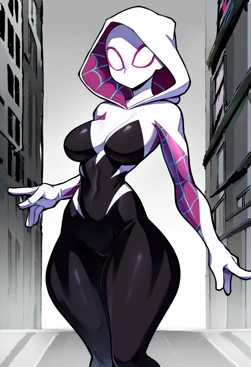 (8k, best quality), (((best quality))), MylesPrower, Miles Prower, 1girl, white skin, cowboy shot, full body from thighs up, female humanoid character, Spider-Gwen inspired, toned and athletic body, pale skin, long and sleek limbs, glowing blue eyes, thick thighs, wide hips, well-endowed, slim waist, wearing the Spider-Gwen suit, white and pink hooded bodysuit, black and white accents, dynamic pose, open mouth, looking at viewer, elegant and acrobatic posture, tight fitting suit, mask with big white eyes, city skyline background, dynamic lighting, volumetric lighting, soft shadows, mysterious vibe, action-ready, outdoors, sharp focus, cool pose, score_9, score_8_up, score_7_up, score_6_up, score_5_up, score_4_up, (source_anime), superhero stance, urban setting, spider-webs in background, vibrant color highlights.
