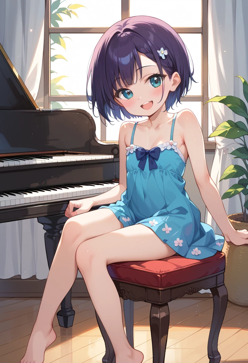 (( top quality )), ((masterpiece)), (be familiar with),  perfect face, indoor, bedroom,  watching viewers,
One woman, Mikazuki Kan,
 open mouth,  ecstatic expression beside the piano, blush, smile,
 small ,  flat chest, Young girl, Lori,  kids,  girl,
Short Hair,  short hair,
Leg spread,