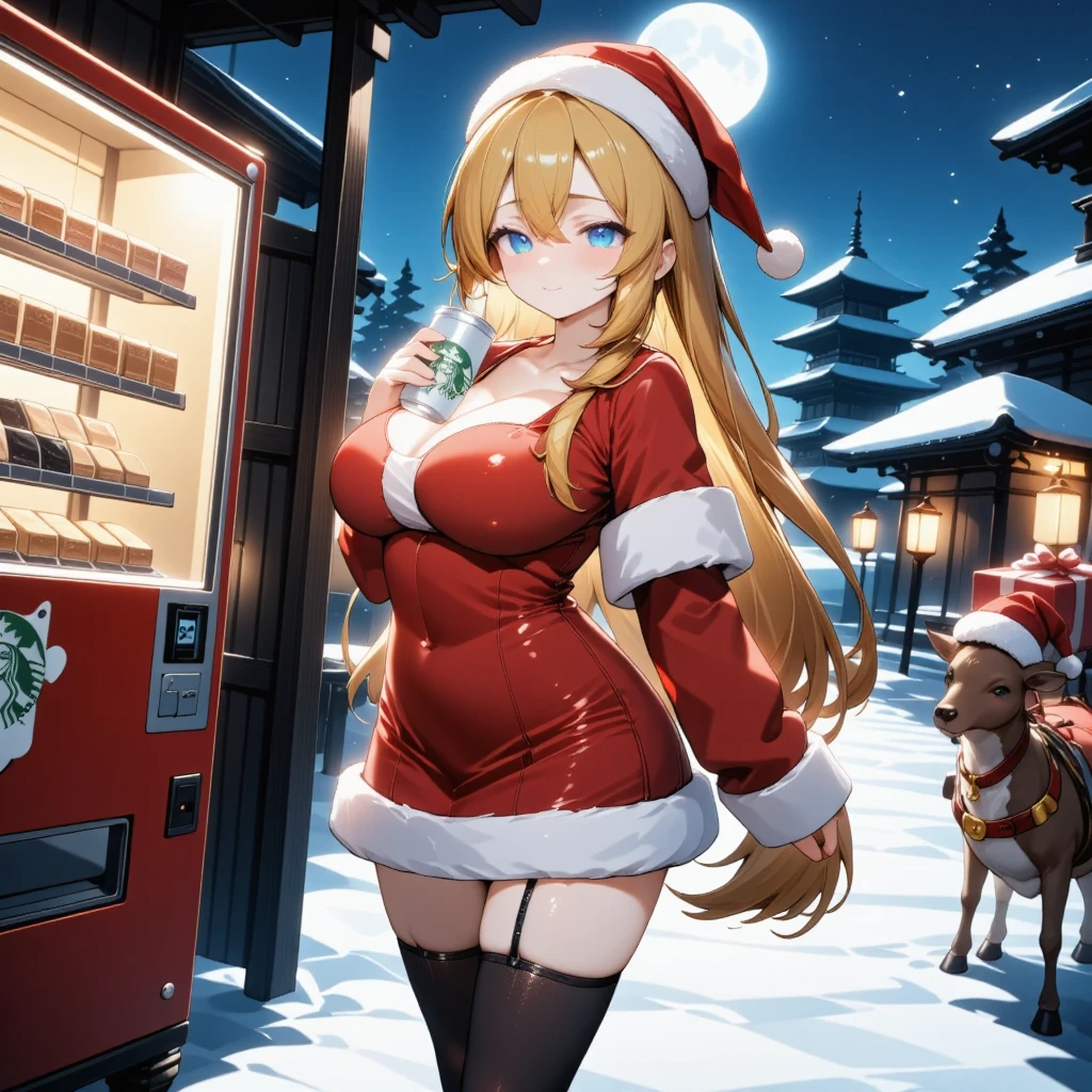 Action:
((A beautiful blonde Santa girl with sparkling blue eyes holds a Starbucks coffee can in her right hand)). The can is clearly detailed with the green and white Starbucks logo, resembling a "Starbucks Doubleshot" can. It features a shiny metallic surface with visible steam rising from the top, indicating it is hot.

Gold-haired Santa Girl:
She stands confidently, slightly smiling, in front of a vending machine. Her long golden hair flows naturally under the moonlight. She wears:

A short red Santa dress trimmed with fluffy white fur.
Black thigh-high stockings.
Red high heels with subtle shine.
A red Santa hat with white fur trim.
Her pose is elegant yet relaxed, emphasizing her playful and charming demeanor.

Vending Machine:
To her left, a glowing red vending machine filled with hot coffee cans and winter drinks emits a warm light. The shelves are lined with colorful cans, with STARBUCKS coffee prominently displayed in the front row.

Reindeer and Sleigh:
To her right, a realistic reindeer stands calmly. It is adorned with a festive red harness and golden bells. Attached to the reindeer is a classic red and gold sleigh filled with neatly wrapped presents tied with ribbons. The sleigh runners are lightly frosted with snow.

Background (Kyoto at Midnight):
The scene is set on a snowy Kyoto street at midnight. The background includes:

A faint silhouette of a five-story pagoda.
Traditional Japanese wooden houses covered in snow, illuminated by soft paper lanterns.
Snow gently falling from the night sky, with the full moon casting a serene bluish glow across the scene.
Focus Priorities:

Santa girl holding the Starbucks coffee can.
The detailed vending machine glowing warmly.
Reindeer with the sleigh full of presents.
Kyoto's snowy street with the five-story pagoda and glowing lanterns.