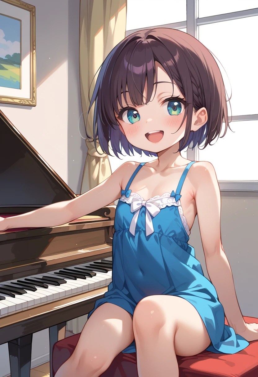 (( top quality )), ((masterpiece)), (be familiar with),  perfect face, indoor, bedroom,  watching viewers,
One woman, Mikazuki Kan,
 open mouth,  ecstatic expression beside the piano, blush, smile,
 small ,  flat chest, Young girl, Lori,  ,  girl,
Short Hair,  short hair,
Leg spread,