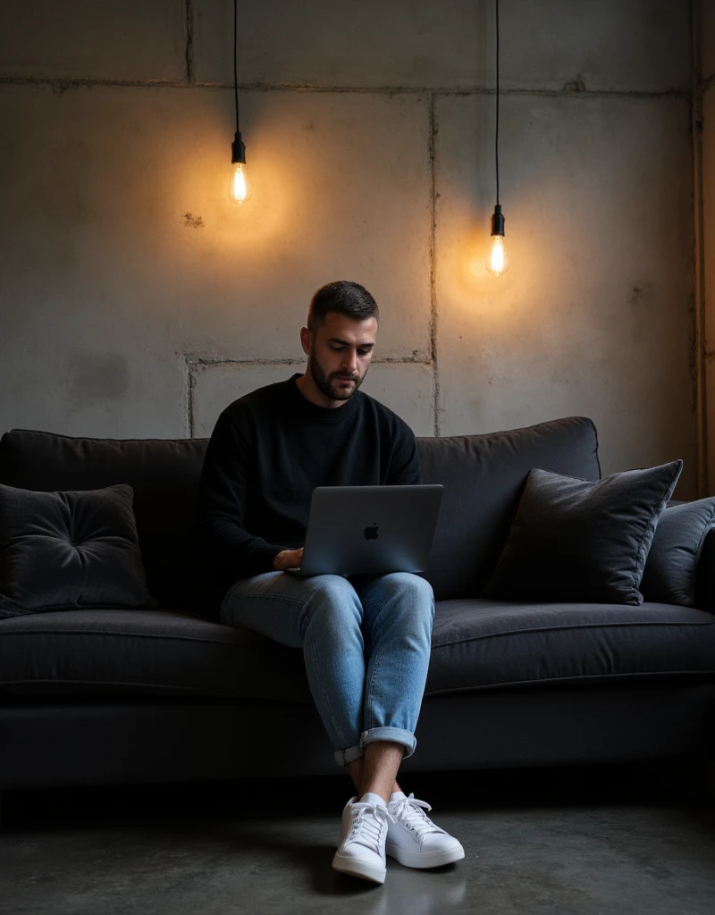 high-resolution photograph of a modern and moody interior setting featuring a man. light skin tone. He has short hair and a neatly trimmed beard and mustache. sitting comfortably on a deep gray couch. He wears an oversized black crewneck sweatshirt and light blue jeans, is focused on his MacBook pro laptop in Space Black color, giving a relaxed and casual posture. He wears clean white sneakers that contrast with the dark couch. The scene is warmly lit by hanging industrial-style pendant lamps. casting soft light and shadows on the textured concrete wall behind him. velvet cushions on the couch add a subtle pop of color, enhancing the cozy and productive atmosphere. The floor is dark concrete , and the space exudes a minimalist, contemporary vibe with an artistic edge. The image composition balances the subject and background, creating a serene and modern mood.