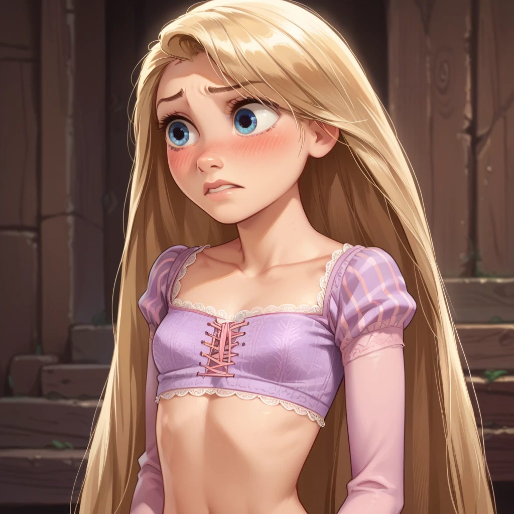 1girl ,rapunzel, skinny, beautiful, blue eyes, ((croptop and miniskirt)), embarrassed, lift to see under the miniskirt, girl´s panties:2