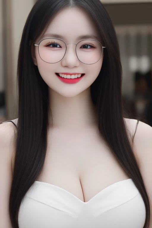 (High Resolution, Masterpiece:1.3, High Quality, UHD,upper body portrait:1.3), 1 glasses girl, Large breasts, full breasts, bouncy breasts ,Long Hair, Silver Hair, closed mouth smile, white long dress, upper body focus, upper body portrait:1.3, standing,Simple background, 