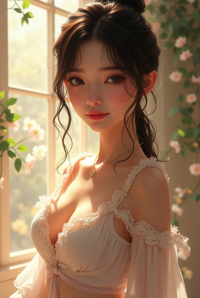 highest quality,finest quality detailed realisticphoto,high-resolution,16k,soft focus,film grain,cinematic lighting,realistic,fine texture,beautiful ultra fine detailed,delicate,beautiful slim girl,very tiny breasts,upped hair,my room