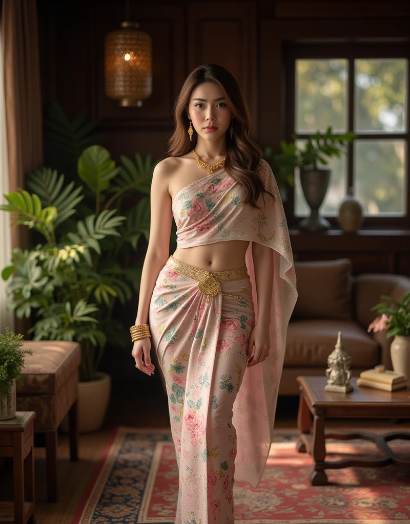 young thai  woman with long brown Natural loose hair, huge breasts, slender, wearing thai traditional dress and Floral pattern , The accessories include gold jewelry, standing pose, in a dark wood livingroom, plant, Thai vintage things ,sun light