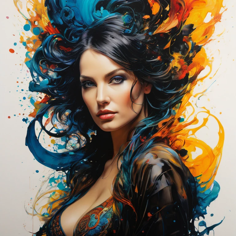 colorful , beautiful woman: Black ink flow :  photorealistic masterpiece with 8k resolution: von Aaron Horkey und Jeremy Mann:  detailed es flüssiges Gouache-Gemälde: von Jean Baptiste Mongue: Calligraphy: Acryl: watercolor art,  professional photography ,  natural light ,  volumetric lighting ,  maximalist photo illustration : By Marton Bobzert: Concept art with 8k resolution ,  detailed , Complex, Elegant, spacious, imaginative