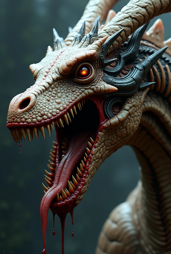 Dragon photo with open mouth and bloody and sticky mouth and saliva and one side of its face is a stupid robotic