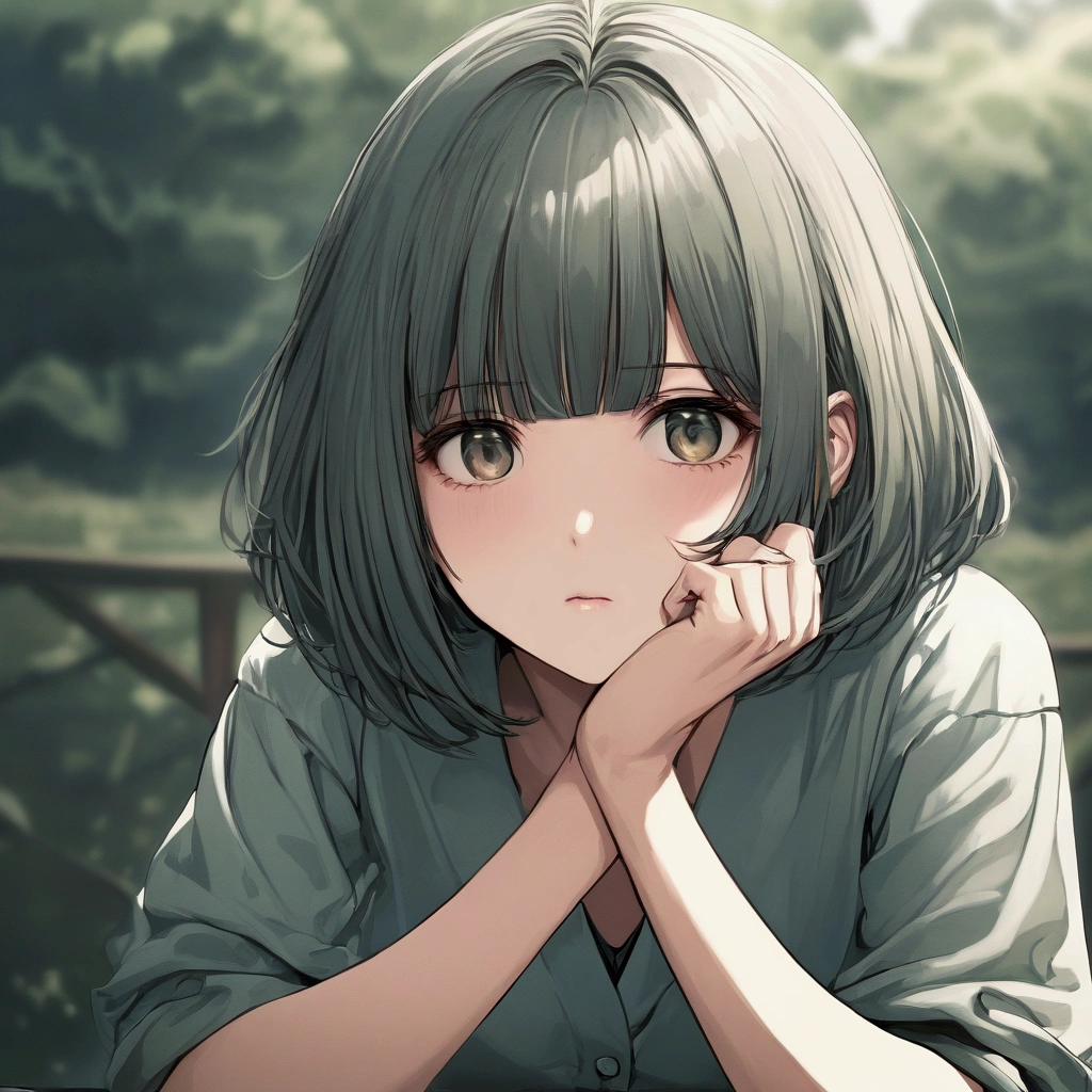 manga style, cute girl, bob hair, blunt bangs, stinking  eyes, chin resting on hands, wind, dull color image, ultra detailed, absolutely resolution, masterpiece