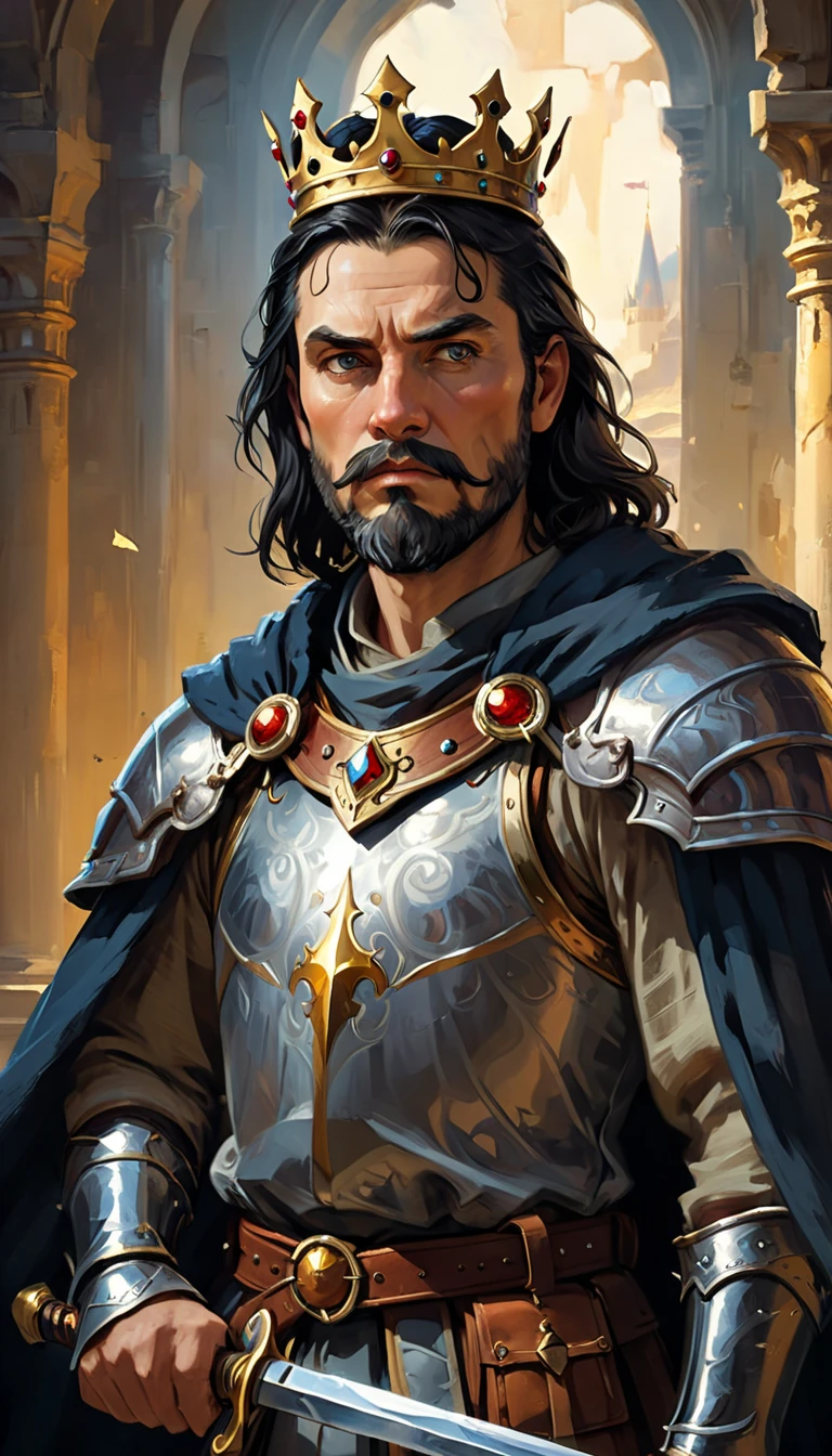 (a portrait of a king with a crown, male), fantasy style, illustration, male, (best quality,4k,8k,highres,masterpiece:1.2),ultra-detailed, natural lighting, dramatic shadows,majestic,ornate crown,flowing cape,piercing eyes,angular facial features,intricate armor,medieval,fantasy landscape background,dramatic colors,rich textures,volumetric lighting, imponent, (front view, looking at the viewer, 40 years old man, man:1.3, imponent, fearless, strong, beard, 85kg weight), a long sword in front on his chest, black hair, castle room