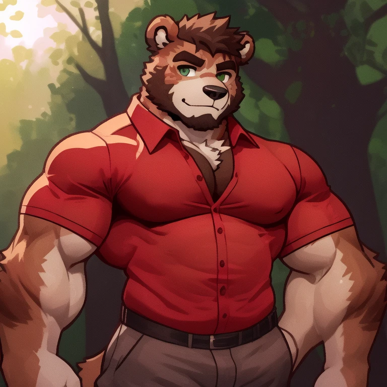 Tanuki, light brown vest, light coffee shorts, red bandana on the neck, tanuki tail, camper, muscular