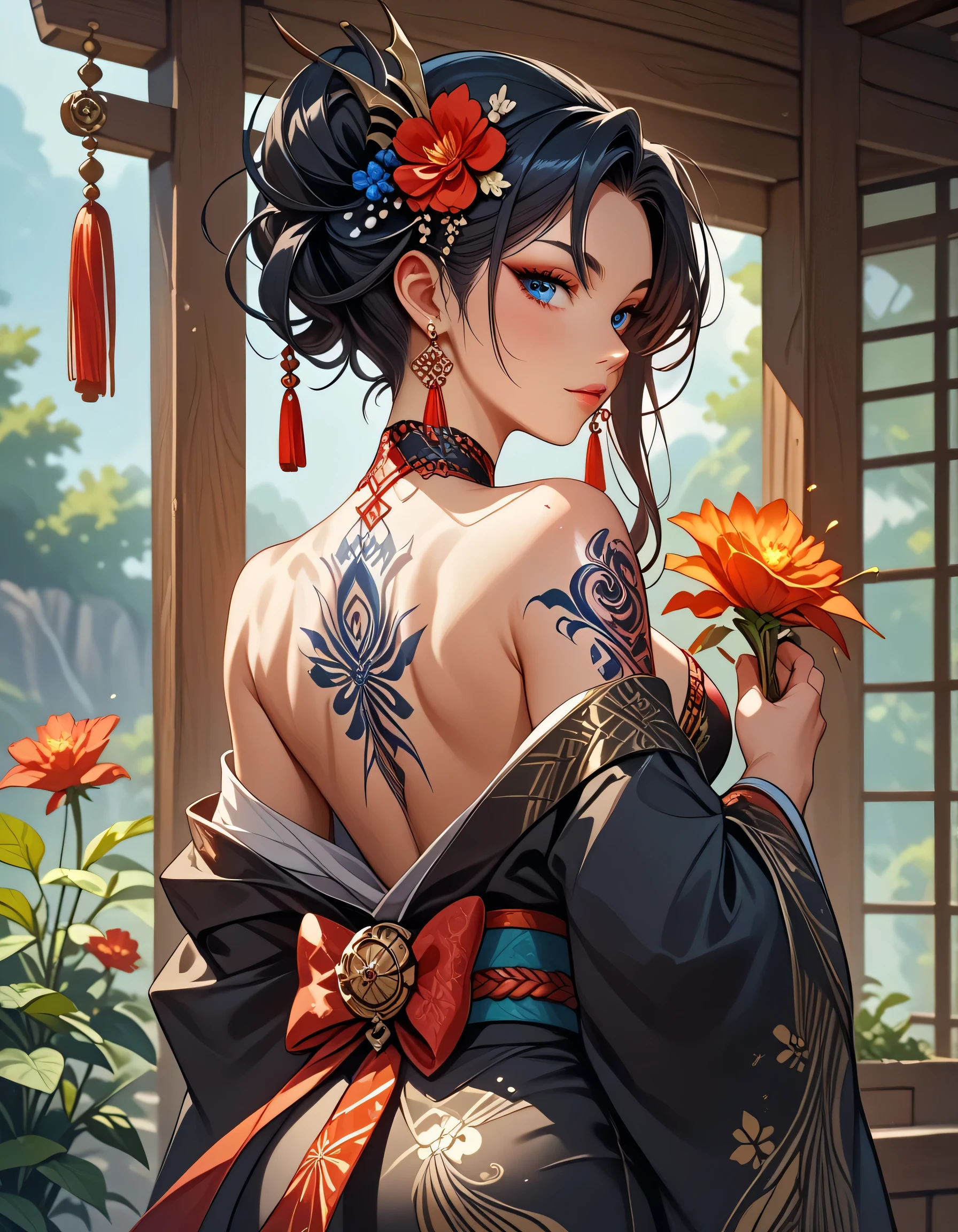 masterpiece, top quality, Best quality, official art, beautiful and aesthetically pleasing:1.2),1 girl, tattoo, One, japanese clothing, red and black kimono, hair ornament, unshelling, black hair, shell, back tattoo, dragon tattoo, Blue eyes, from the shoulder, bare shoulders, looking back, Behind, flower, I look at the viewer, holding, draw up, Open,