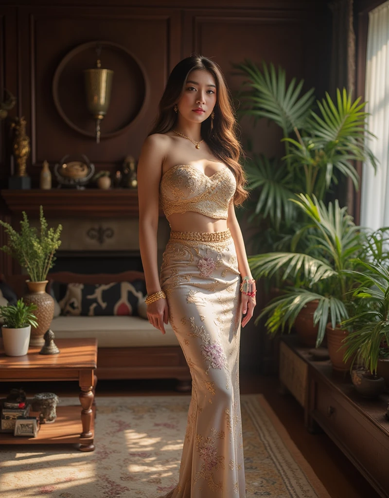 young thai  woman with long brown Natural loose hair, huge breasts, slender, wearing thai traditional dress and Floral pattern , The accessories include gold jewelry, standing pose, in a dark wood livingroom, plant, Thai vintage things ,sun light