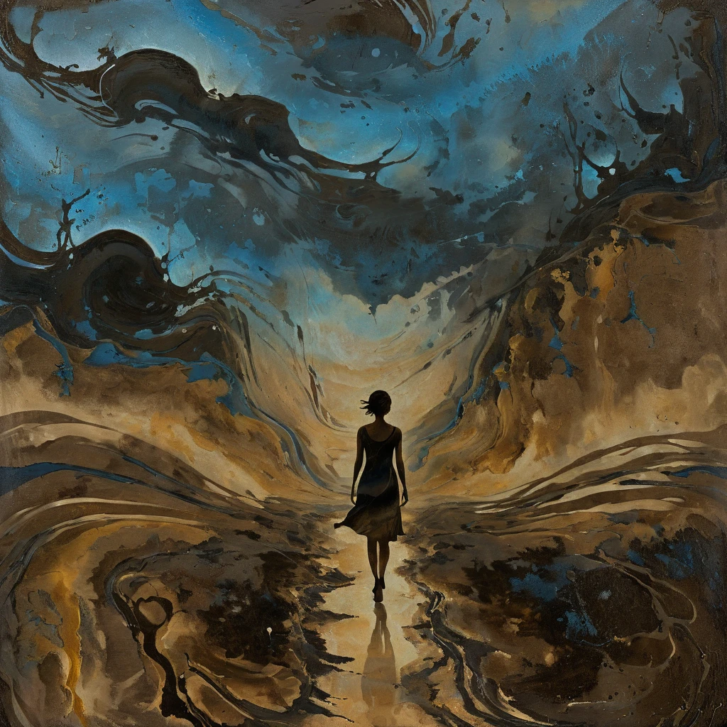  (((oil painting masterpiece))) grainy texture from oil paint mixed with fine sand. low saturated hues of blue, brown, yellow, black. a dark surreal painting displaying a double exposure of a dark abysmal landscape within a female face. in this landscape the brown silhouette of a woman is walking an infinite path.