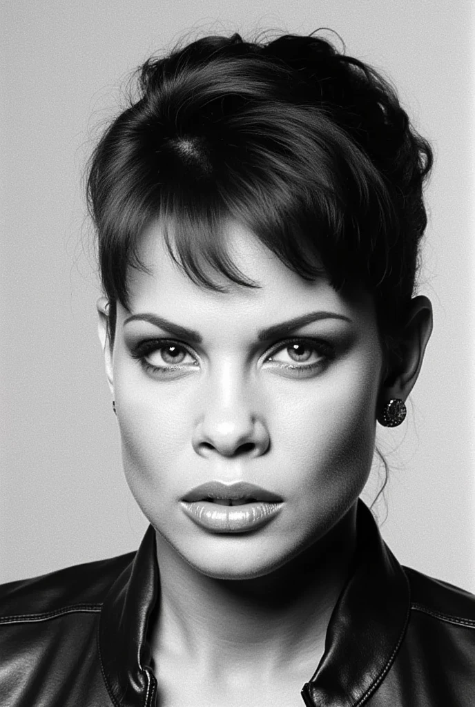 modeling headshot of teri with piercing eyes in grayscale black and white