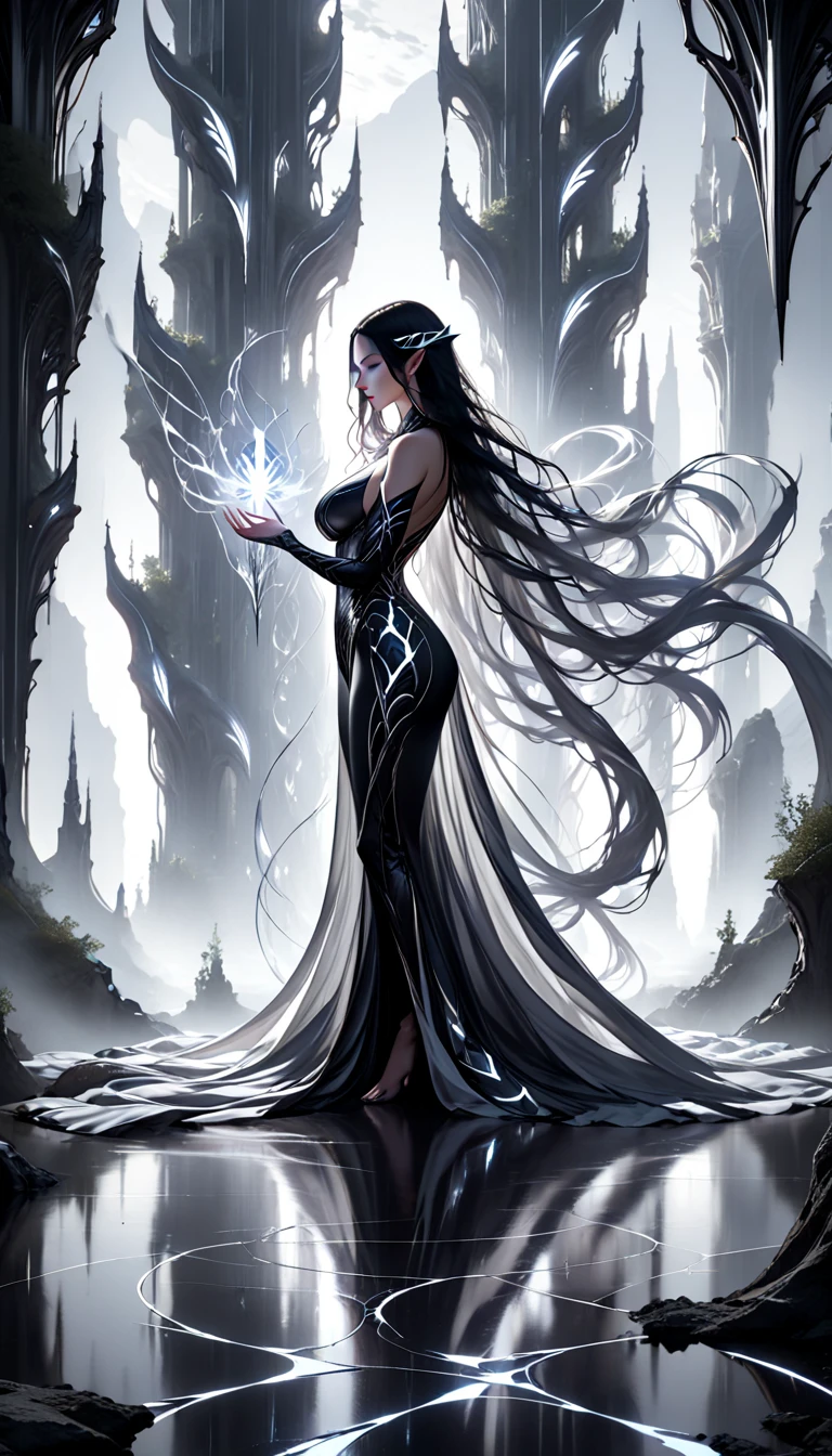 "A strikingly voluptuous and curvaceous female elf, her shadow-like physique blending seamlessly with the darkness around her. Her long, dark hair flows gracefully down her back, shifting like liquid shadows, while her piercing eyes glow with an ethereal, haunting light. Her elven features are sharp and graceful, her high cheekbones and full lips giving her an air of both beauty and power. She wears a sleek, futuristic armor that fits her hourglass form perfectly, the dark, matte black material adorned with subtle silver and glowing accents, reflecting an otherworldly design. The armor is lightweight yet durable, offering both agility and protection, with sharp, angular patterns resembling organic curves and elven runes. In her hands, she wields a magnificent black and white bow, its intricate design glowing faintly with a mysterious energy. The bow’s sleek structure and the arrows it holds seem to hum with power. The backdrop is a dark, futuristic landscape, with hints of glowing neon lights and shadowy figures, as the elf’s silhouette melds with the environment, radiating an aura of deadly grace and hidden strength."