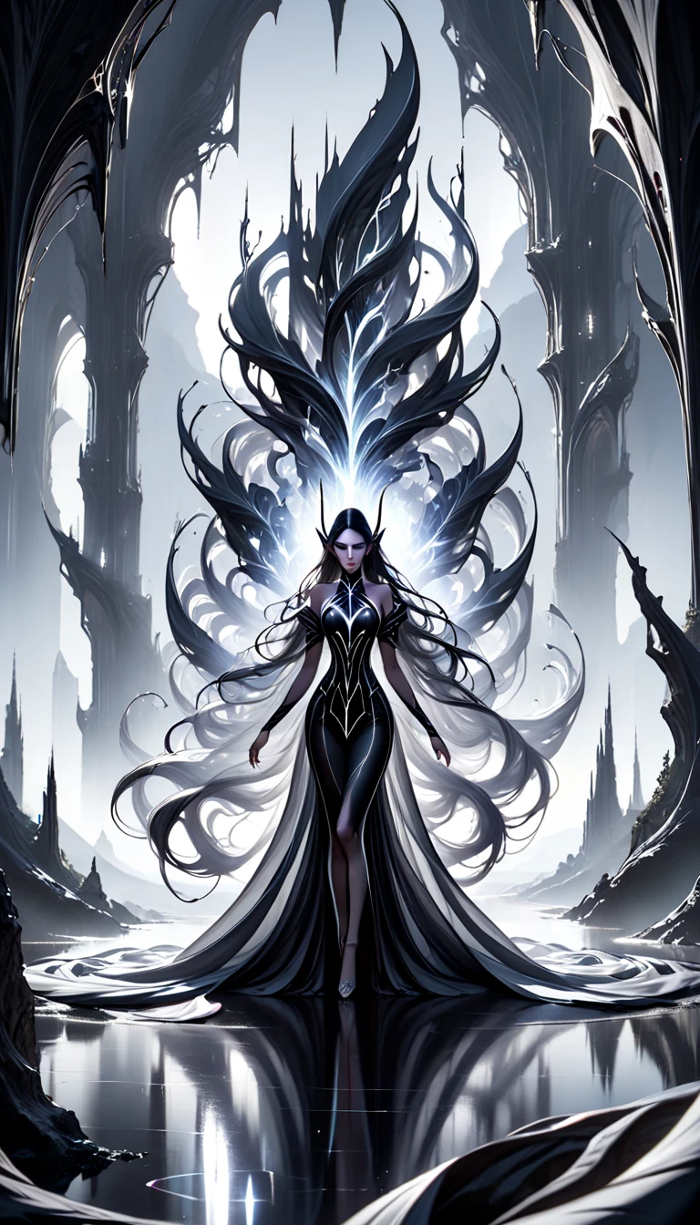 "A strikingly voluptuous and curvaceous female elf, her shadow-like physique blending seamlessly with the darkness around her. Her long, dark hair flows gracefully down her back, shifting like liquid shadows, while her piercing eyes glow with an ethereal, haunting light. Her elven features are sharp and graceful, her high cheekbones and full lips giving her an air of both beauty and power. She wears a sleek, futuristic armor that fits her hourglass form perfectly, the dark, matte black material adorned with subtle silver and glowing accents, reflecting an otherworldly design. The armor is lightweight yet durable, offering both agility and protection, with sharp, angular patterns resembling organic curves and elven runes. In her hands, she wields a magnificent black and white bow, its intricate design glowing faintly with a mysterious energy. The bow’s sleek structure and the arrows it holds seem to hum with power. The backdrop is a dark, futuristic landscape, with hints of glowing neon lights and shadowy figures, as the elf’s silhouette melds with the environment, radiating an aura of deadly grace and hidden strength."