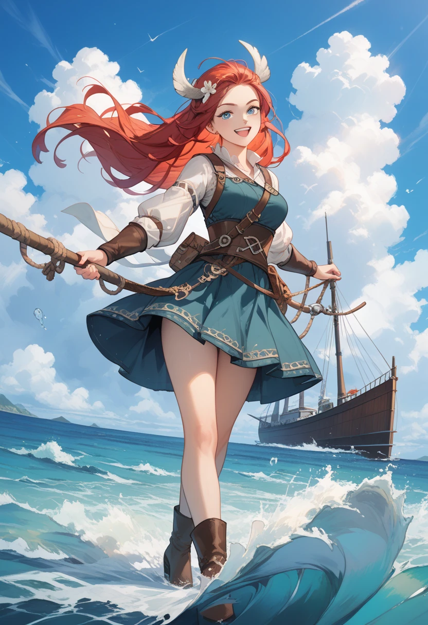 1girl. She is a viking, standing proud on the longship's bow, letting herself hang over the sea while she helds with her extended arm to a rope that connectes the longship's figurehead to the main mast. Her long red hair waves in the wind and her blue eyes shine as she smiles.