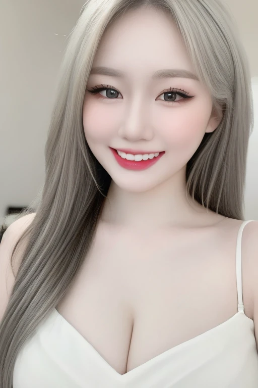 (High Resolution, Masterpiece:1.3, High Quality, UHD,upper body portrait:1.3), 1 girl, Large breasts, full breasts, bouncy breasts ,Long Hair, Silver Hair, closed mouth smile, white long dress, upper body focus, upper body portrait:1.3, standing,Simple background, 