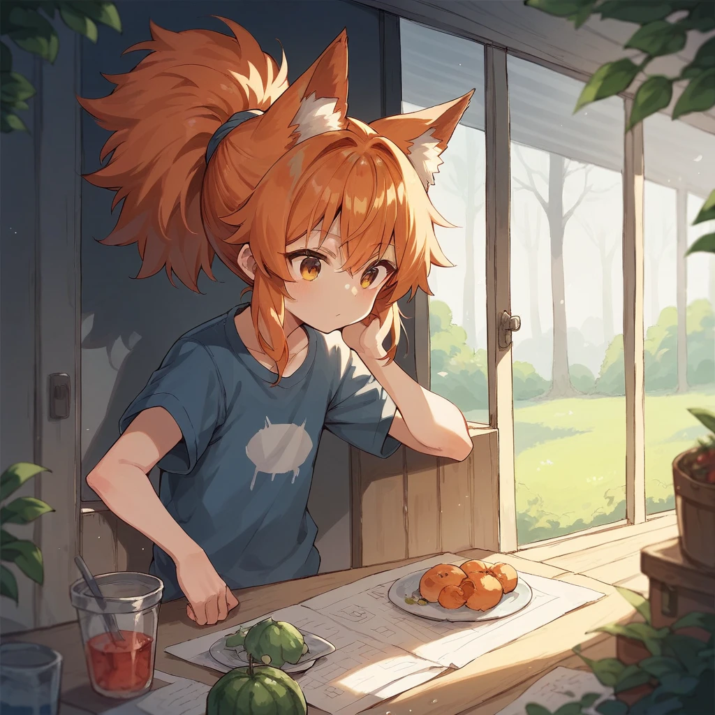 Wolf Girl,cool girl,red orange hair, ponytail,Fluffy hair,Large amount of hair, zitoida,fine,Young