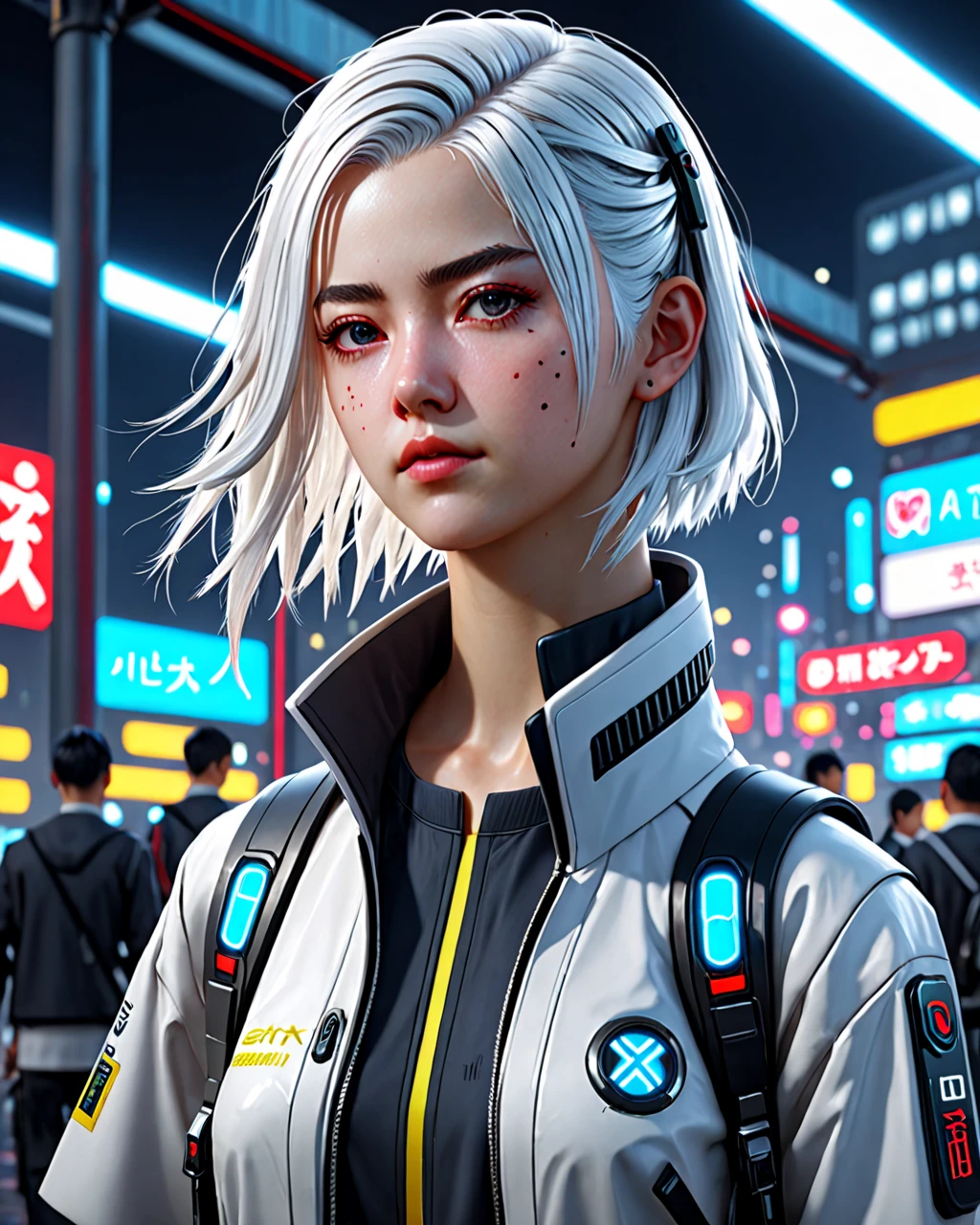 masterpiece,  top quality ,  Official Art ,  Extremely Detailed CG Unity 8K Wallpaper,  very detailed,  illustrations,White Hair、 cyberpunk style、 school uniform、