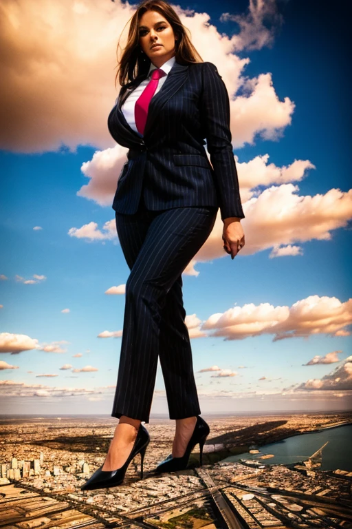 Looking up at the approaching young giantess from below, Giantess art, 500 miles tall giga giantess, young sophisticated and stylish woman in a black italian pinstriped trouser suit, form fitting crisp black office shirt, and a large wide blue necktie in a windsor knot, with a beautiful, curvaceous figure, large natural breasts, and long wavey redhead hair, with a curvaceous figure and massive breasts. wearing blue rounded court high heels with uncovered feet and standing, rampage-like pose, with a city skyscrapers background of mega-city, skyscapers, partially obscured by a hazy, cloudy atmosphere. The image is a high-resolution, masterpiece-quality, cinematic, ultra-detailed, and hyper-photorealistic photograph, with perfect hands, face, and lighting. ultra-detailed, 8K, photo-realistic, hyper-realistic, masterpiece, intricate details, full body view. Looking at camera, The image is a high-resolution, masterpiece-quality, cinematic, ultra-detailed, and hyper-photorealistic photograph, with perfect hands, face, and lighting. ultra-detailed, 8K, photo-realistic, hyper-realistic, masterpiece, intricate details, viewed from below