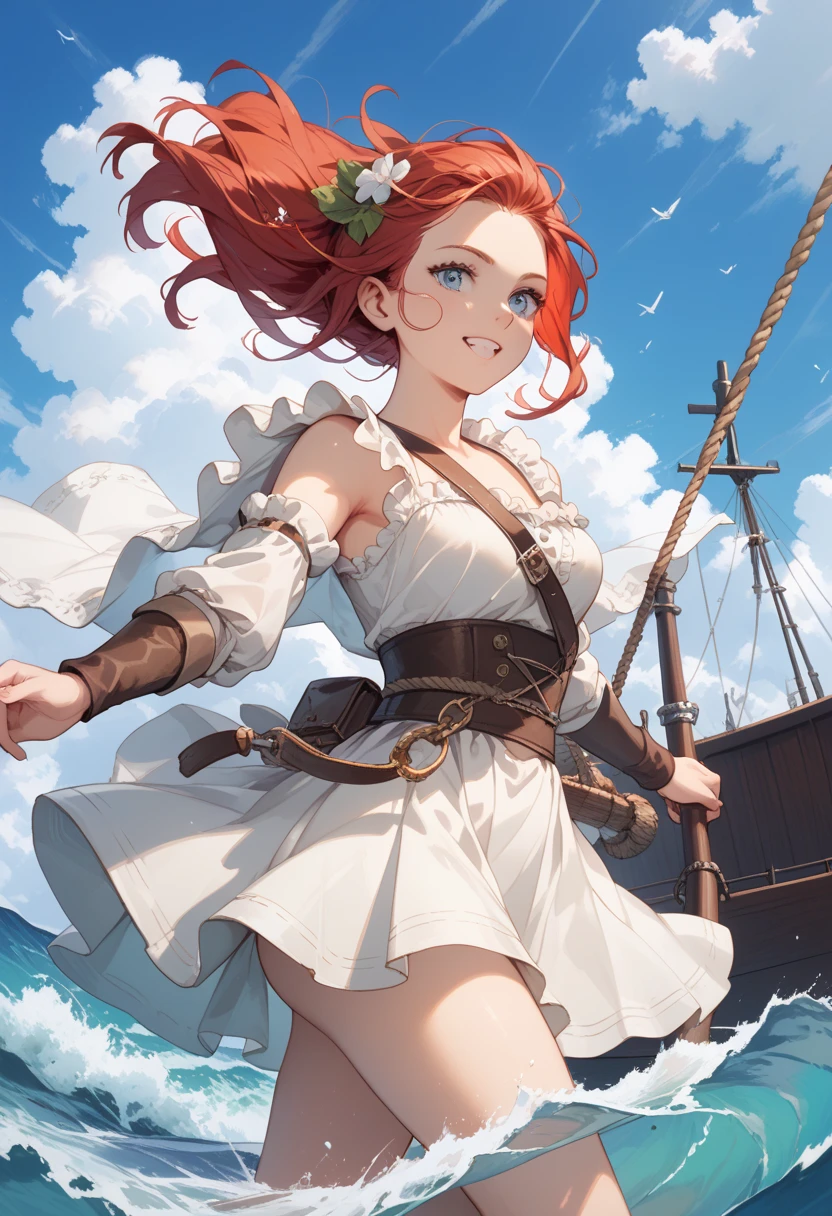 1girl. She is a viking, standing on the longship's bow, letting herself hang over the sea while she helds with her extended arm to a rope that connectes the longship's figurehead to the main mast. Her long red hair waves in the wind and her blue eyes shine as she smiles.