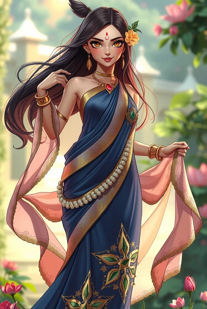 A stunning modern full body pose of Radha, the divine consort of Krishna, radiating grace, charm, and an otherworldly aura. Radha is portrayed with a golden-white complexion that glows softly, as if illuminated from within by the essence of divinity. Her delicate face is framed by long, flowing dark hair that cascades like a silken river, adorned with fragrant jasmine and lotus flowers intricately woven into her tresses. Her almond-shaped eyes are large and expressive, reflecting both the depth of her love and the playfulness of her spirit, with long lashes and a gentle hint of kohl accentuating their beauty. Her lips, a soft rose hue, form a serene smile, imbued with kindness and celestial allure.  

Radha wears a majestic modern transparent dress, its primary color a deep, rich blue symbolizing tranquility, with shimmering gold embroidery in patterns of lotus flowers and peacocks adorning the fabric. The secondary color is a soft, delicate pink, seen in the flowing sheer that drapes elegantly over her shoulders and flows behind her, giving her an ethereal appearance. The hem of her garments sparkles subtly with fine beadwork, adding to her divine presence.  Her jewelry is opulent yet refined, befitting her status as the queen of Vrindavan. A red long tilak is painted on her forehead. Her ears are adorned with intricate modern earrings that sway with every movement, while a sleek and minimal gold and pearl necklace rests on her collarbone, its centerpiece a radiant gem that seems to hold the essence of the cosmos. Her slender wrists are wrapped in golden bangles that chime softly as she moves, and delicate anklets with tiny bells encircle her feet, creating a melodious sound with each step.  Her posture is one of supreme grace and poise, as she stands in a serene garden of Vrindavan, surrounded by blooming flowers and lush greenery. Her bare feet, dusted lightly with golden shimmer, rest on the soft grass, radiating purity and divinity. The soft breeze lifts the ed