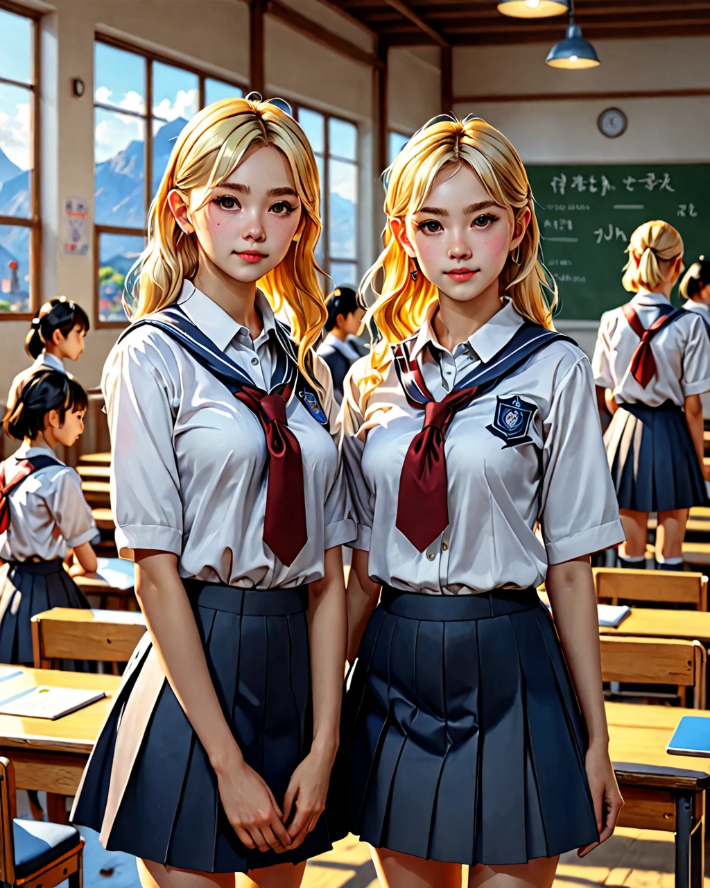 masterpiece,  top quality ,  Official Art ,  Extremely Detailed CG Unity 8K Wallpaper,  very detailed,  illustrations, blondes、 school uniform、