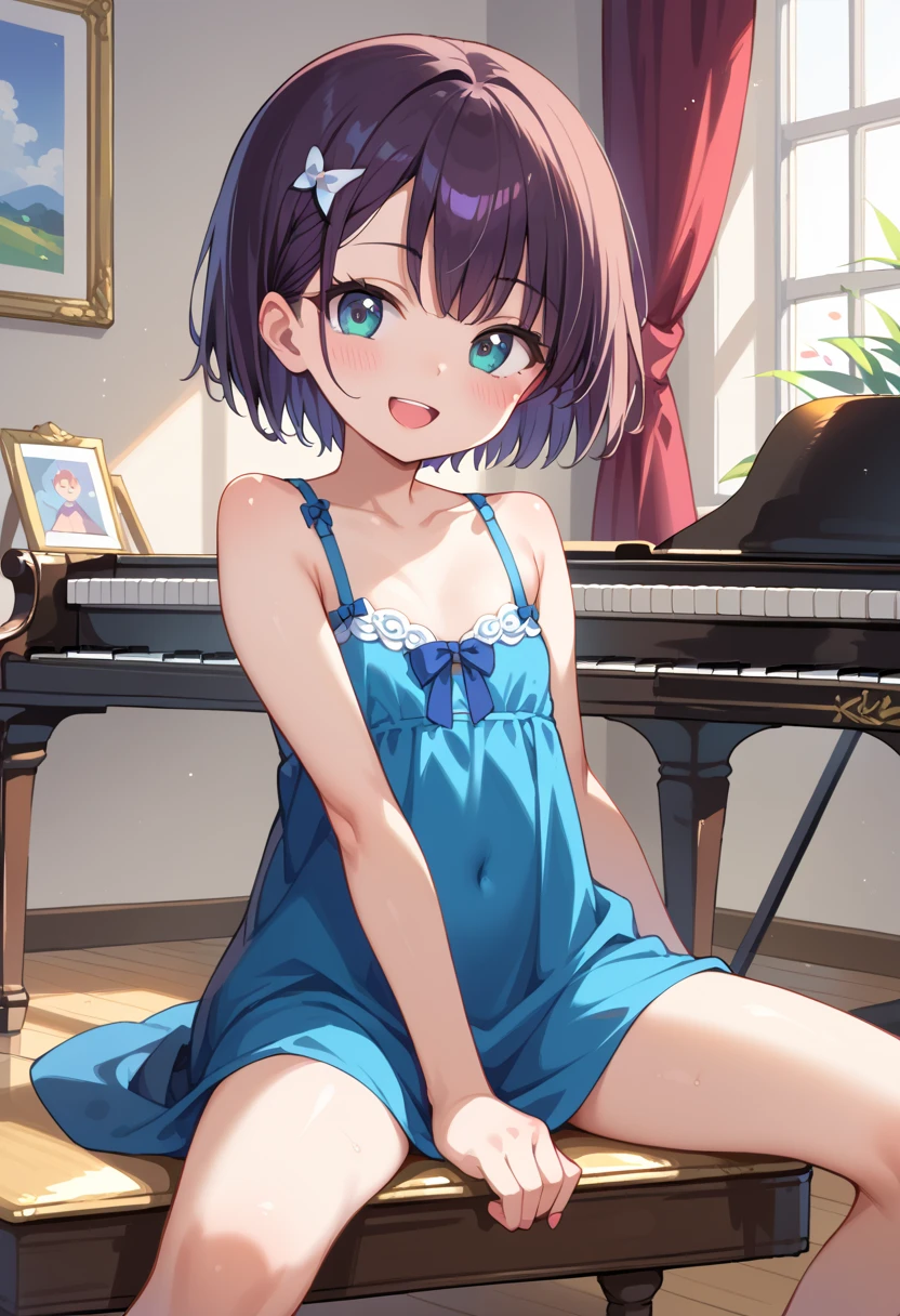 (( top quality )), ((masterpiece)), (be familiar with),  perfect face, indoor, bedroom,  watching viewers,
One woman, Mikazuki Kan,
 open mouth,  ecstatic expression beside the piano, blush, smile,
 small ,  flat chest, Young girl, Lori,  kids,  girl,
Short Hair,  short hair,
Leg spread,