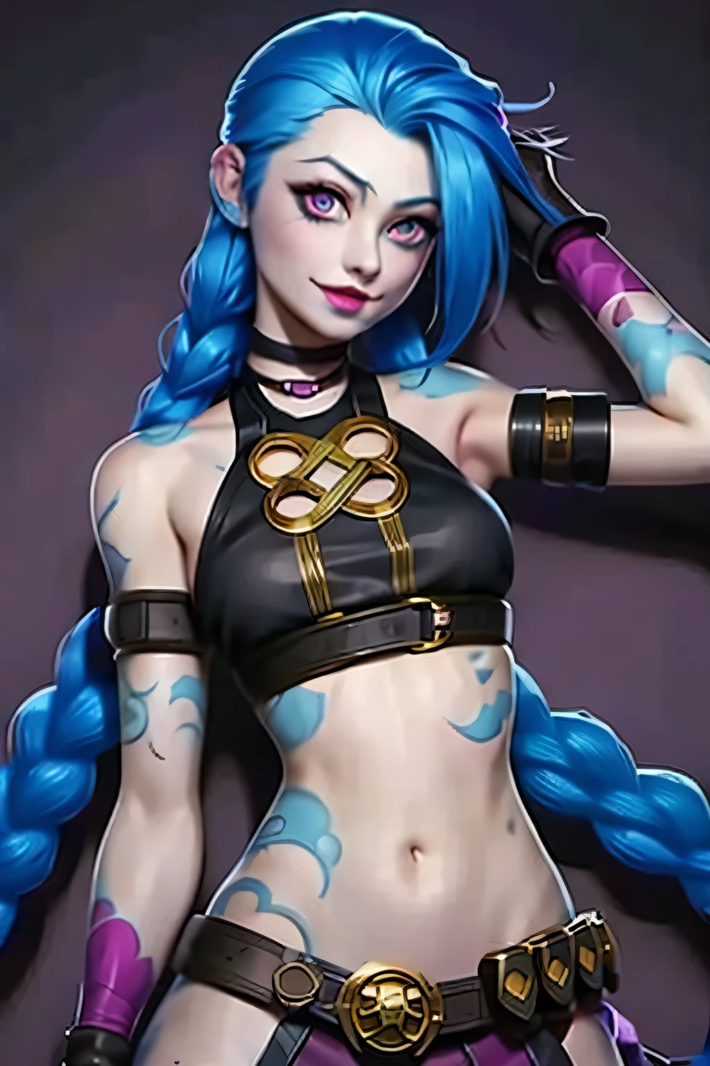 jinx,1girl, belt, blue eyes, blue hair, braid, breasts, jinx \(league of legends\), long hair, navel, single braid, solo, twin braids