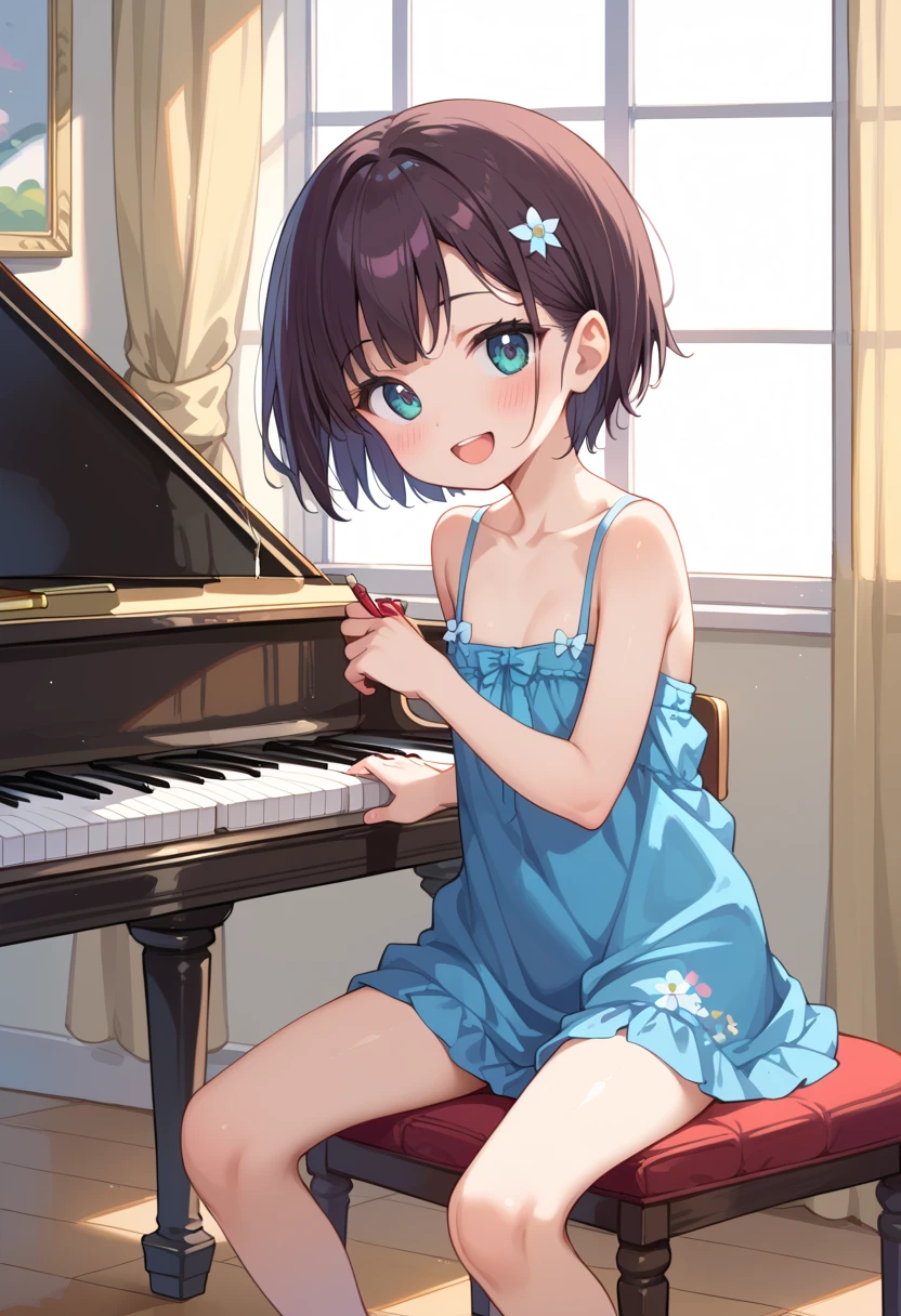 (( top quality )), ((masterpiece)), (be familiar with),  perfect face, indoor, bedroom,  watching viewers,
One woman, Mikazuki Kan,
 open mouth,  ecstatic expression beside the piano, blush, smile,
 small ,  flat chest, Young girl, Lori,  kids,  girl,
Short Hair,  short hair,
Leg spread,