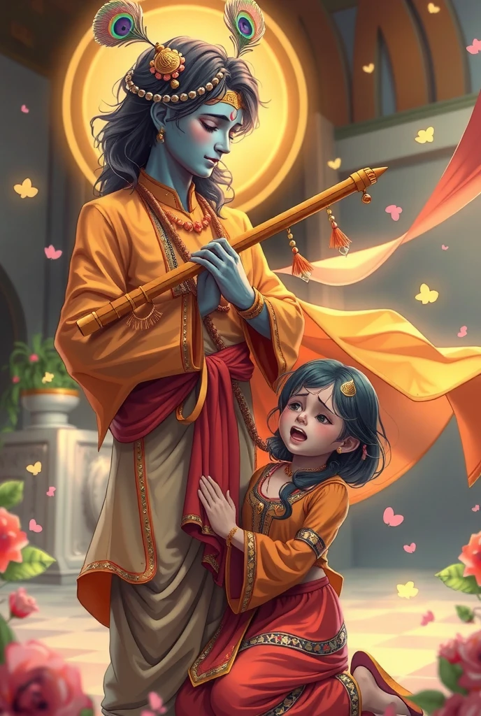 "A modern and divine depiction of Shri Krishna standing beside a devoted gopi. Krishna, with radiant blue skin, is dressed in a contemporary outfit with yellow as the primary color and red accents, holding his iconic flute. A peacock feather adorns his hair, and he radiates a calming, divine aura.

The gopi, kneeling at his feet, is crying with devotion and emotion. She is wearing a modern outfit in orange, yellow, and complementary colors that are distinct yet harmonize with Krishna’s attire. Her posture and tearful expression convey her deep surrender and reverence. Krishna looks down at her lovingly, his expression filled with kindness and reassurance. The setting is ethereal, with glowing light, floral accents, and a soft golden aura surrounding Krishna, emphasizing his divinity and the spiritual connection between the two."