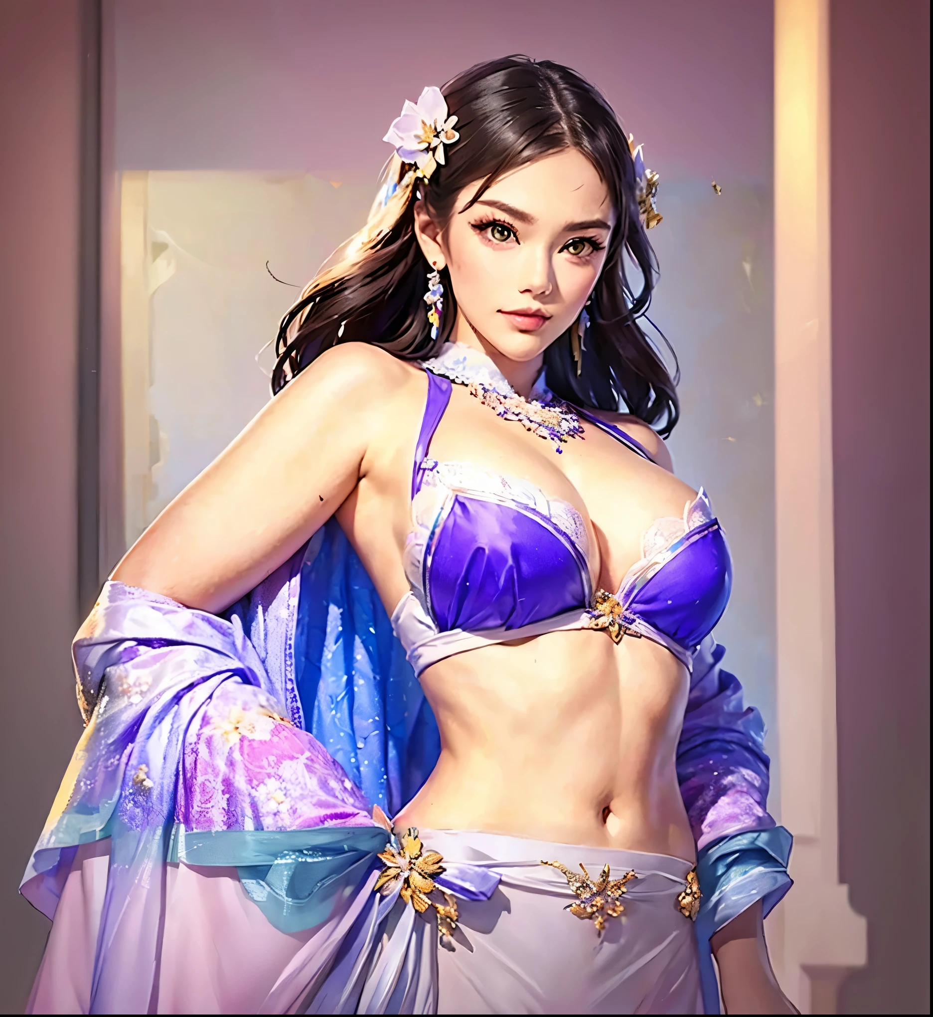 Armpit Show,Highest quality, masterpiece,View your viewers,Holding a folding fan,smile,Red lipstick,Blue Dress,Cleavage,Big Breasts,bob cut,
